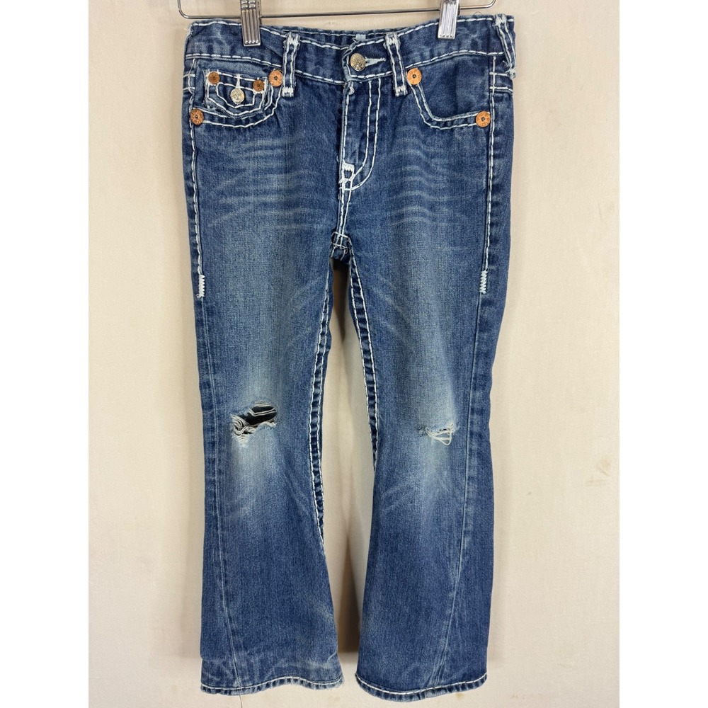 True Religion Boys Blue Big T Contrast Stitch Distressed Jeans Size 10 USA Made